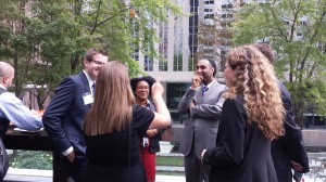 (From far let) Andrew Sudano, public affairs liaison for the OBA's central executive, Lawyer, Ryan Campbell, Co-chair of the OBA's Central Executive, Christine Jackson and fellow co-chair Vivene Salmon with (centre) Fleet Street Law's Omar Ha-Redeye and (far right) Melanie Capobianco, Program Planning Lawyer as well as Robert Richler, Technology Liaison